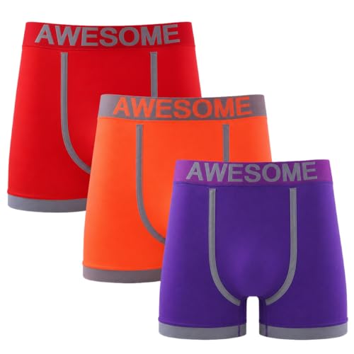 Image of reshmena® 3 Mens Boxer Shorts Everyday Wear Mens seamless Sport Brief Men's Underwear NEON Stretchy Awesome Printed Waistband Red/Orange/Purple, M