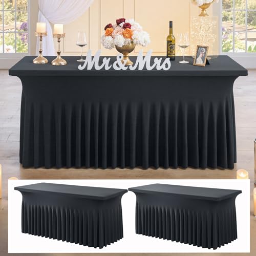 Image of 2 pk Black Spandex Tablecloth 4ft with Ruffled Table Skirt,Wrinkle Free High Stretch Fitted Tablecloths for 4 Foot Rectangle Tables, Elastic Spandex Table Covers 6ft for Parties Wedding Banquet