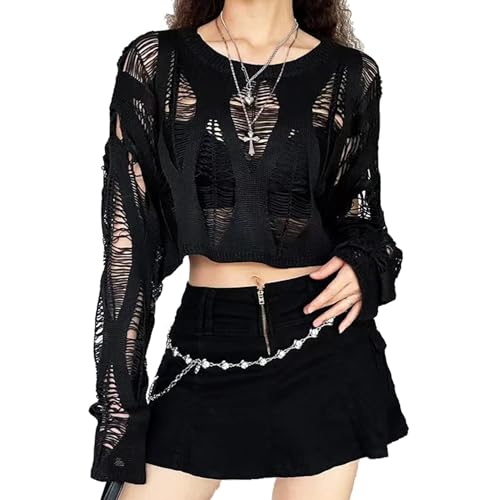 Image of Women Gothic Sweater Hollow Out Ripped Knit Pullover Punk Hole Sexy Slim Fit Cutout Long Sleeve T Shirts Top