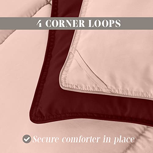 Elegant Comfort 3-Piece Reversible Comforter Set, All Season Cozy, Soft Down Alternative, Quilted - Box Stitched - Duvet Insert With 4 Corner Tabs, Comforter With Shams, Full, Burgundy/Dusty Rose #TOP4