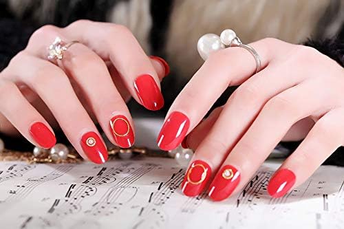 24枚入 手作りネイルチップ ネイル花嫁 Web限定 ゴールデンビーズ 花嫁の爪のチップ かわいいとエレガント レッド 円の装飾