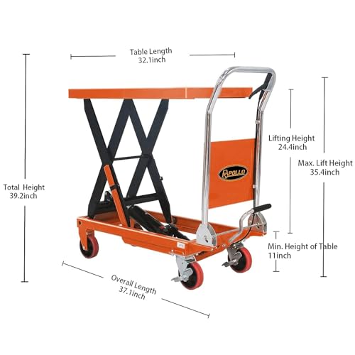 APOLLOLIFT Hydraulic Lift Table, 660lbs Capacity 35.4\" Lifting Height, Single Scissor Lift Table Cart with 4 Wheels and Safety Back Guard for Material Handling and Transportation