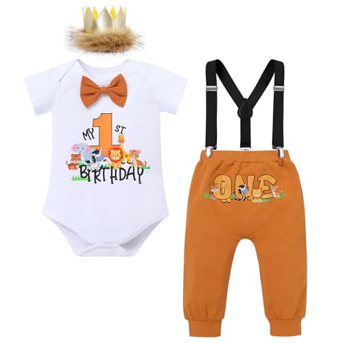 FYMNSI Wild One, set da 4 pezzi per costume da festa a tema safari nella giungla per bambini, pantaloncini, maniche, pagliaccetto, bretelle, corona, fascia per capelli, 4 pezzi, Marrone, 12-18 Months