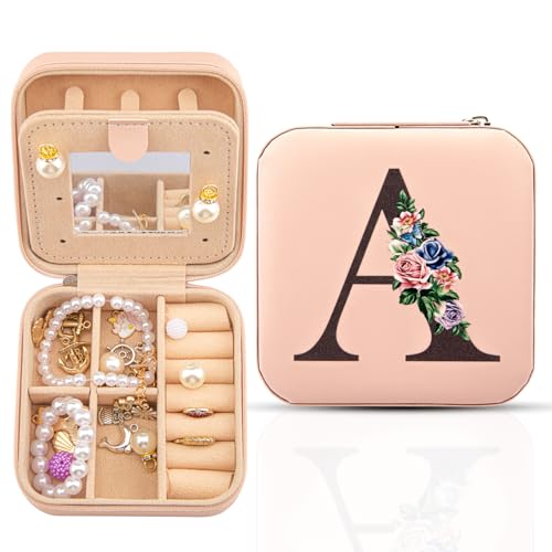 Meschett Travel Jewelry Box with Mirror, Travel Essentials Jewelry Holder Organizer, Ring Necklace Earring Organizer, Personalized Initial Travel Jewelry Case, Gifts for Women and Girls,A
