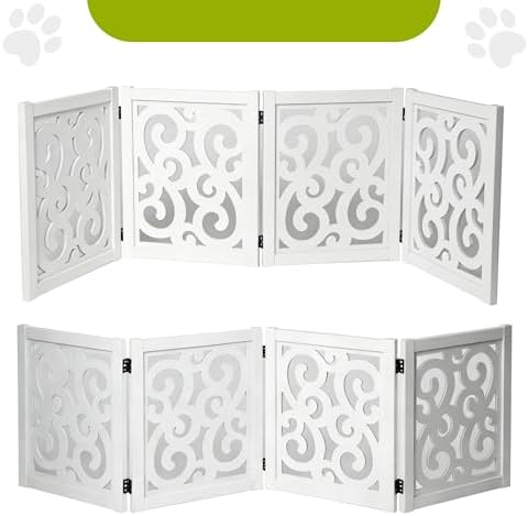 Ashfield & Harkness: 4-Panel Pet Gate - Scroll White - Wooden Foldable Freestanding Dog Fence, 80 x 23.5, Doorways-Halls-Stairs, 360 Rotated Hinges — view 2