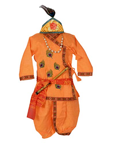 AHHAAAA Khadi Krishna Dress Mor Pankh Handicraft Kurta with Dhoti Pant for Boys (Yellow,12)