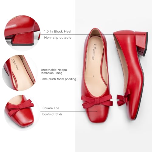 Image of C.Paravano Women's Pumps | Luxury Leather Pumps | 1.5 Inch Chunky Block Heel & Square Toe | Fabric Bow