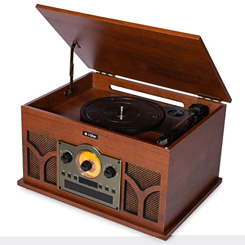 Vinyl Record Player with Built in Speakers, Bluetooth Retro Turntable with Vintage Design, Music Centre Combo Hifi System with Bluetooth, CD Player, FM Radio and USB MP3, 3-Speed with Stereo Speakers