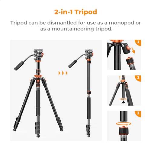 Image of K&F Concept 83 inch /211cm Camera Video Tripod for DSLR Compact Aluminum Tripod with Fluid Head and 5KG Load for Travel and Work K234A7+FH-03