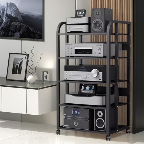 OVZXSD 5-Tier Av Media Stand with Wheels, Audio Tower Rack with Adjustable Shelves, Stereo Racks and Stands with Storage Shelves, Media Console for Home, Office, Theater, Black