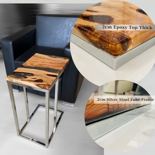 Armchair Side Table, Snack Sofa Table,Wood Live Edge C Table End Table, Drink Stand Table, Epoxy Side Table With Silver Metal Legs, C Shaped Table For Sofa,Resin Coffee Table (Desing 2) #TOP5