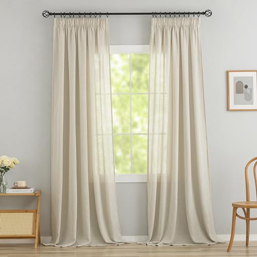 VOILYBIRD Juego de 2 cortinas de lino y mezcla de tejidos con cinta fruncidora y aspecto de lino, cortinas para dormitorio o salón (alto x ancho 245 x 140 cm, beige)