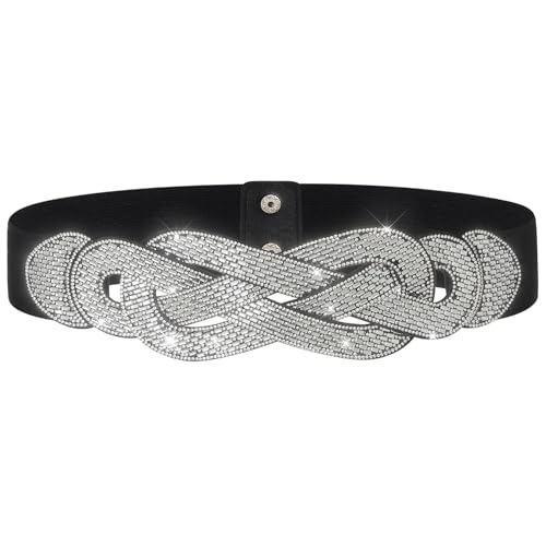 Wriidy Wide Elastic Silver Rhinestone Belt Women Sequin Belt Stretch Disco Waist Accessories for Dressy and Jumpsuits
