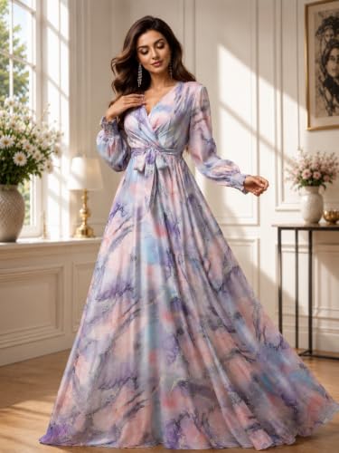 Image of LITZO Women's One Piece Dress - Georgette Floral Printed Western Gown | Long Sleeve V Neck Fit & Flare Flared Hem Design | A-Line Maxi Dress for Women | New Year Party Outfit (NO-08-10)