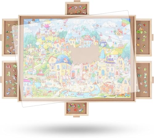 Planche à puzzle rotative de 2000 pièces avec 6 tiroirs et couvercle, 72,4 x 102 cm, table de puzzle portable en bois pour adultes, paresseux Susan Spinning Puzzle Boards Maman