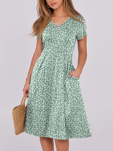 Image of ANRABESS Women Summer Dress Casual Short Sleeve V Neck A-Line Knee Length Pleated Flowy 2026 Fashion Midi Dresses with Pocket
