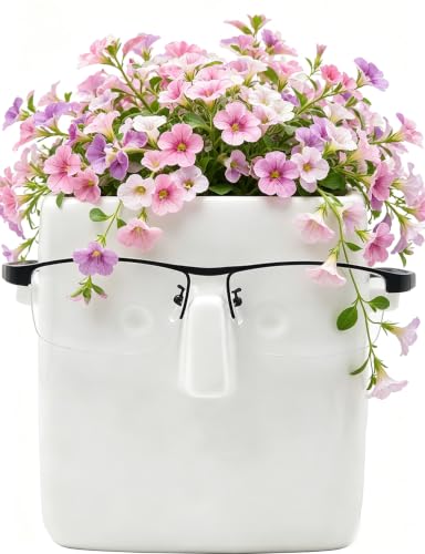 MONMOB 5"X5" White Ceramic Face Planter Pot Succulent Flowerpot DIY Painting Pencil Holder with Glasses Holder Patio Balcony Yard Lawn Ornament Gifts Ideal Gifts for Women, Mom or Birthdays