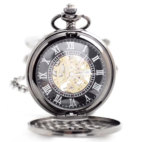 DerMacht Mechanical Pocket Watch with Chain Retro Smooth Classic Handwind Roman Numerals for Men & Women Black White