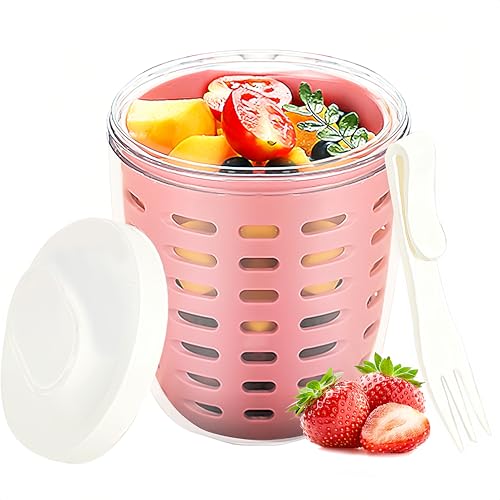 MdakeGo 20oz Fruit Salad Storage Cup with Lids and Fork, Reusable Plastic Fruit Storage Containers for fridge with Drain Baskets, BPA-Free & Leak-Proof, Keep Fruits, Vegetables Fresh Longer (Pink)