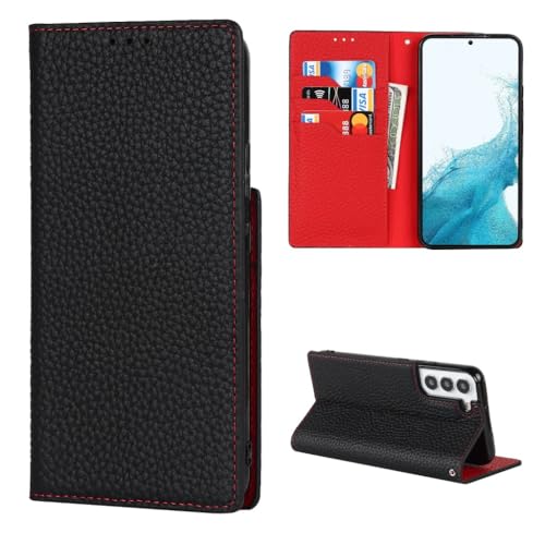 Coque à rabat en cuir véritable noir pour Samsung Galaxy S22