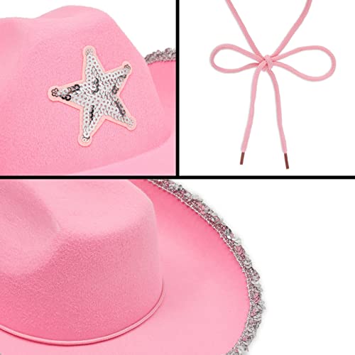 Zodaca 4 Pack Western Cowboy Hat For Kids & Girls, Pink Cowgirl Hat For Halloween Costume, Birthday Party (Silver Sequins) #TOP7