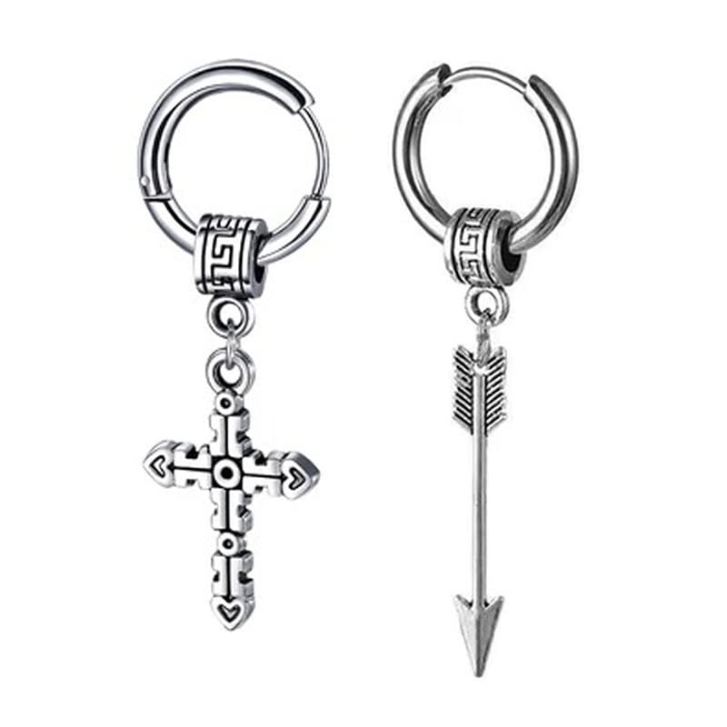 Shiv JagdambaKorean V Punk Style Men Combo Stainless Steel Arrowhead Shape Jesus Cross And Arrowhead Piercing Earrings For Men Women