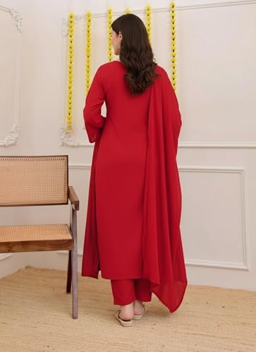 Image of ANNI Designer Pure Cotton Embroidered Kurta Set for Women | Rust Orange Kurta with Pants & Dupatta | Floral Neck & Hem Embroidery | Cotton Kurta Set for Women | 10 Colour Options Available