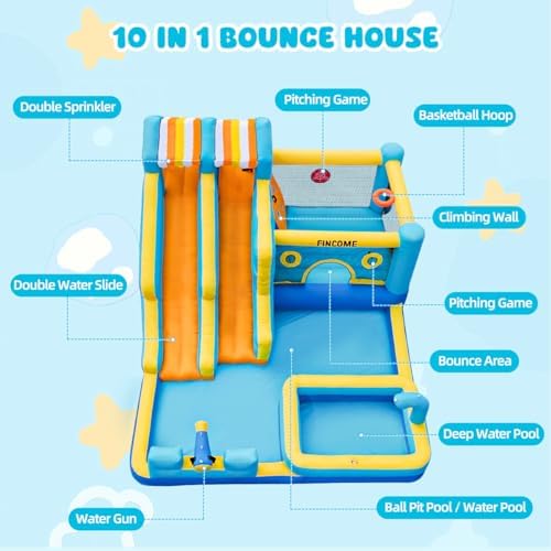 FINCOME Inflatable Bounce House, 10 in 1 Double Water Slide Bounce House with 750W Blower, Climbing Wall, Jumping, Water Gun, Splash Pool, Basketball Hoop for Kids Indoor Outdoor Backyard - 4