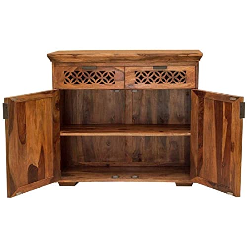 Image of Solid Sheesham Wood Multipurpose Sideboard Storage Cabinet with 2 Drawers & 2 Door for Home and Living Room Furniture (Honey Teak)