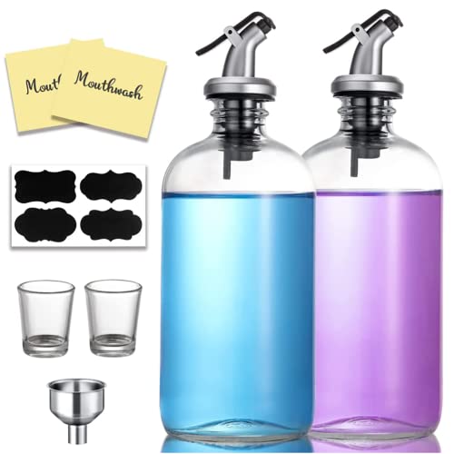 FNG8 Klarglas Mundspülung Bad Zubehör - 2 Nachfüllbare Mundwasser Spender Antibakteriell 475ml Bad Accessoires mit Auslaufsicherem Ausgießer, 4 x 25ml Gläser, Trichter, Etiketten & Stift - Bad & Küche Cover