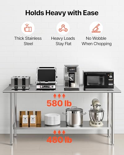 Image of VEVOR Stainless Steel Work Table, 24x72 Inch Food Prep Table with Backsplash, Commercial Kitchen Workstation with Adjustable Undershelf, Metal Heavy Duty Utility Worktable, for Restaurant Home Outdoor