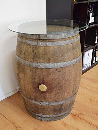 Temesso Dekofass, Stehtisch aus echtem Weinfass, Gartentisch mit Glas -Tischplatte D80cm - Fass in verschiedenen Variationen (Fass Natur dunkel)