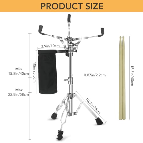 Image of Snare Drum Stand Snare Stand with Drumstick Holder and a Pair of 5A Drum Sticks Fit for 8 to 15 Inch Snare Drum and Practice Pad, Adjustable Height 15.8 to 22.8 Inches for Drum Beginners (2 Pack)