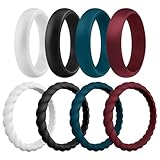 ROQ Silicone Rubber Wedding Ring for Women, Thin Braided Point Stackable Rubber Silicone Wedding Band, Bridal Jewelry Set, 2.55mm Wide 2mm Thick, 8 Pack, Black, White, Bordeaux, Dark Blue, Size 6