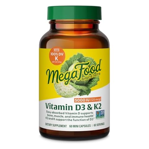 MegaFood Vitamin D3 5000 IU (125 mcg) - Vegetarian Vitamin D Supplements with Vitamin D3 K2, Supports Bones, Teeth, Muscles & Immune Health, Certified Non-GMO - 60 Mini Capsules, 60 Servings Cover