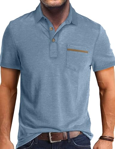 Men's Casual Polo Shirts Short Sleeve Summer Shirts Classic Collared Golf Shirt Blue