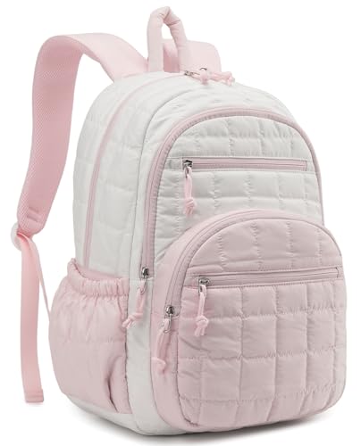Image of Bookbag for Women, Teen Girls Backpack for High School College Student, Puffer Quilted Back Pack Cute Laptop Backpack for Work Travel Mom Casual Daypack, Beige Pink