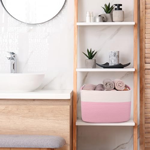 Image of Woven Organizing Baskets, Pastel Toy Storage Bin, decoration Cotton Rope Basket for Nursery, Closet，Book Shelf，Soft Storage Cube Organizer for Kids，Girls - Pack of 3，Pink
