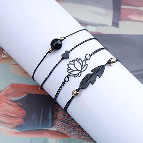Sttiafay 4Pcs Anklet Bracelet For Women Black Leaf Bead Braided Cord Anklet Dainty Hollow Lotus Heart Ankle Chain Summer Beach Foot Jewelry For Teen Girls #TOP3