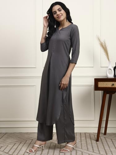 Image of idaLia Rayon Solid Straight Brown Kurta Set for Women with Palazzo 3 /4 Sleeve, Round V Neck Designer Kurta with Palazzo Pant Set