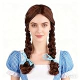 KiyaCos Long Wavy Brown Braided Women's Wig Fairyland Travel Wizard Cosplay Costume Wigs with Blue Ribbons
