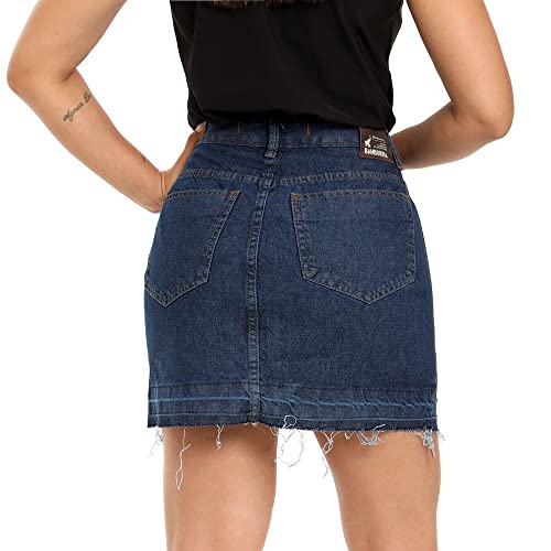 Saia Jeans e Sarja Curta Cintura Alta Desfiada Várias Cores Cor:Azul-médio;Tamanho:48