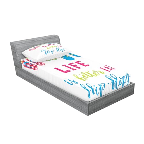Ambesonne Summer Fitted Sheet & Pillow Sham Set, Life is Better in Flip Flops Message with Polka Dotted and Striped Hanging Slippers, Decorative Printed 2 Piece Bedding Decor Set, Twinxl, White