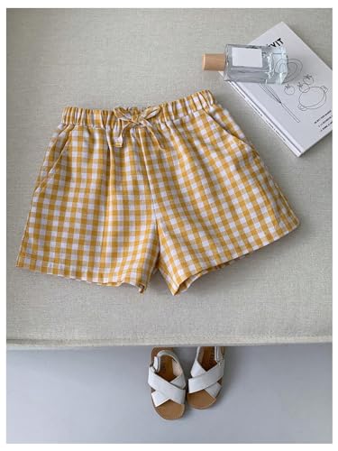 Floerns Short infantil para meninas, 3 peças, estampa xadrez, cintura elástica, perna reta com bolso