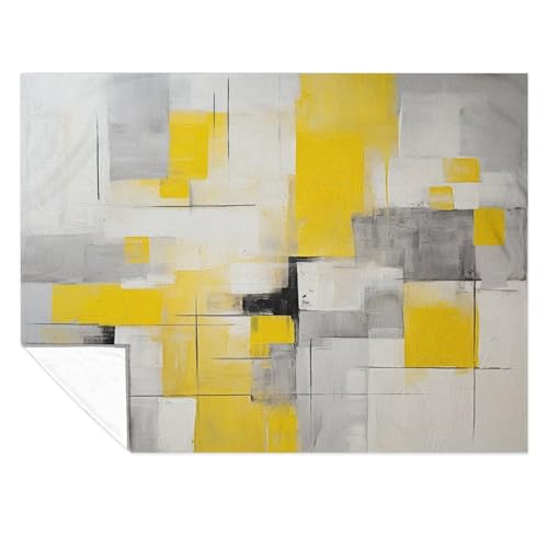 Highonhi BLANKET Abstract Painting In Yellow Gray Squares Soft Warm Cozy Fleece Holiday Throw Blanket Yellow And Grey Abstract Flannel Warm Throw For Winter Bedding Couch And Gift 50 Inchx60 Inch thumb #1