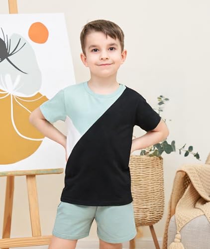 Image of Ayzozuy Boy Clothes Colorblock Top + Drawstring Waist Shorts 2 Pieces Kid Summer Outfits Set