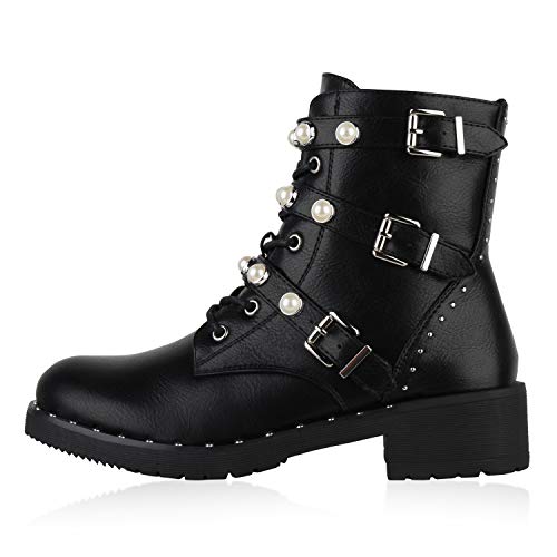 Giralin Damen Schnürstiefeletten Leicht Gefütterte Plateau Stiefeletten Zierperlen Schuhe Schnallen Boots Schnürboots 179127 Schwarz Black 40 Cover