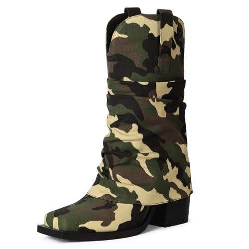 Camouflage Cowboy Boots for Women Cowgirl Mid Calf Square Toe Fold Over Chunky Heel Slouchy Suede Boots US Size 11