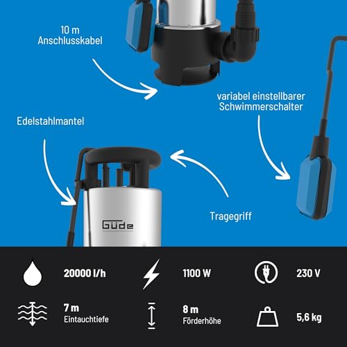 Güde Schmutzwassertauchpumpe GS 1103 PI (1100 W, Fördervolumen: 20.000 l/h, max. Förderhöhe: 8 m, max. Eintauchtiefe: 7 m, Laufrad aus Noryl, Edelstahlmantel & -welle, Thermoschutz, Schwimmerschalter)