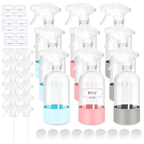 ZENOWICK 9 PACK/16 OZ Glass Spray Bottles with Upgraded Adjustable Spray Nozzle, Refillable Containers with Silicone Sleeve, Spray Bottle for Hair&Cleaning Solutions&Essential Oils-Pink Blue Gray